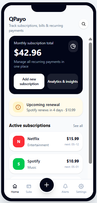 QPayo app dashboard showing monthly subscription total and active subscriptions