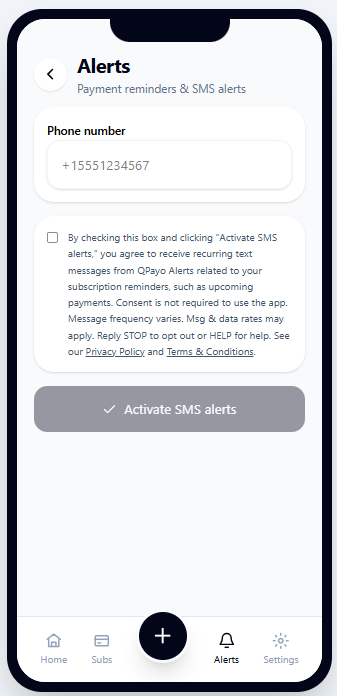SMS alerts screen